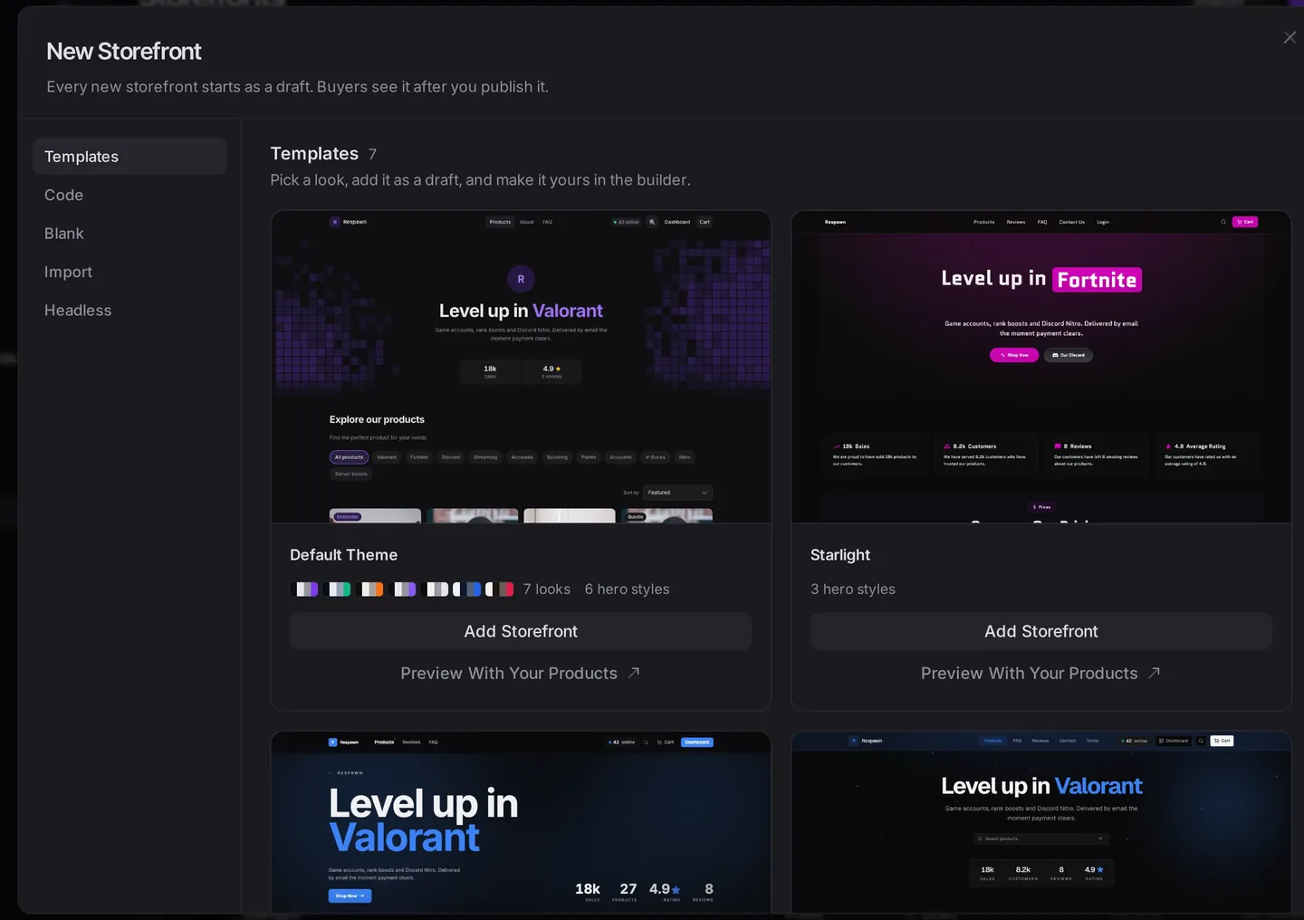New Storefront in the dashboard: the Default Theme card with its seven look swatches and 7 looks, 6 hero styles, next to Starlight