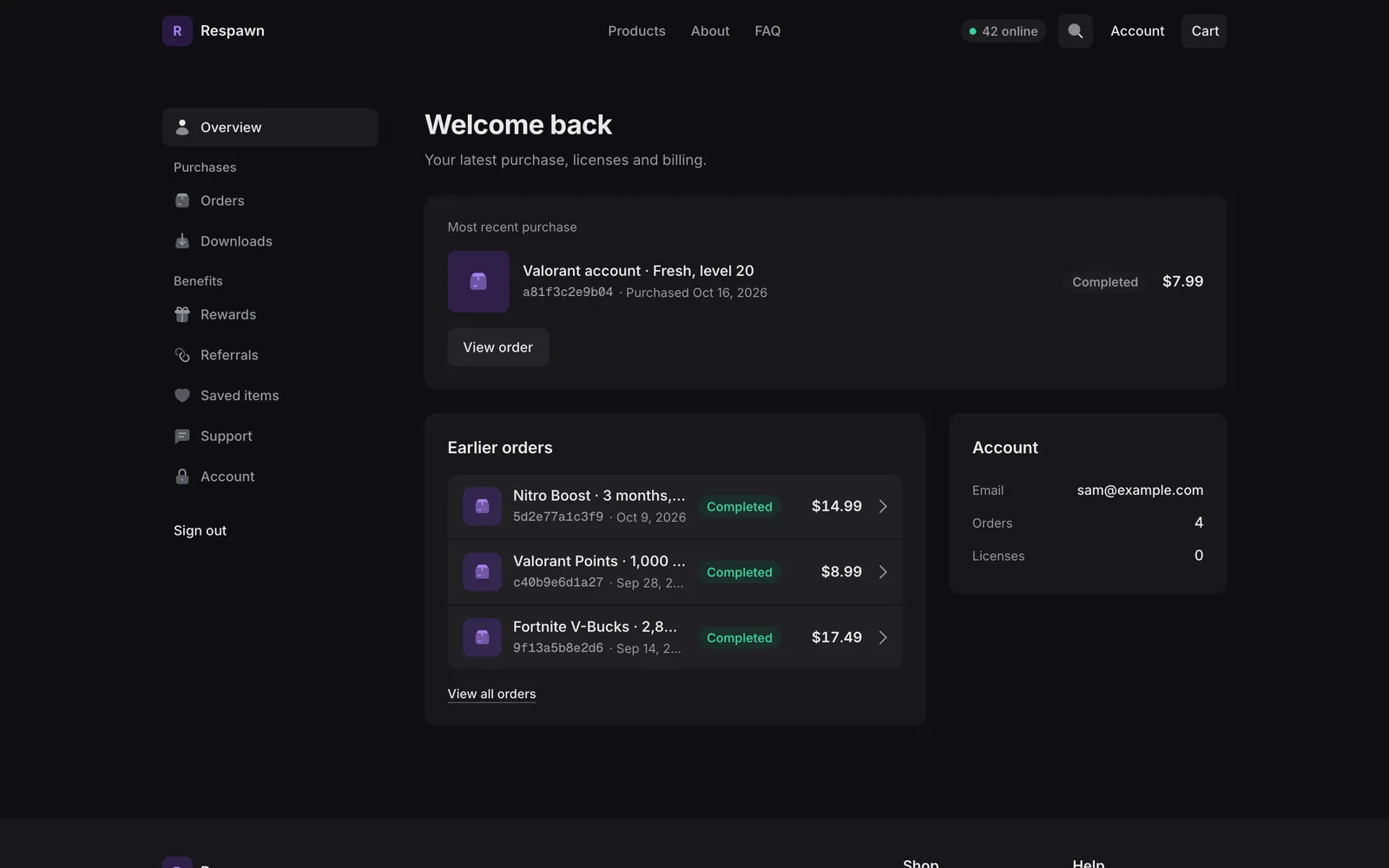 Default buyer account: a sidebar with nine sections, Welcome back with the latest purchase and three earlier orders