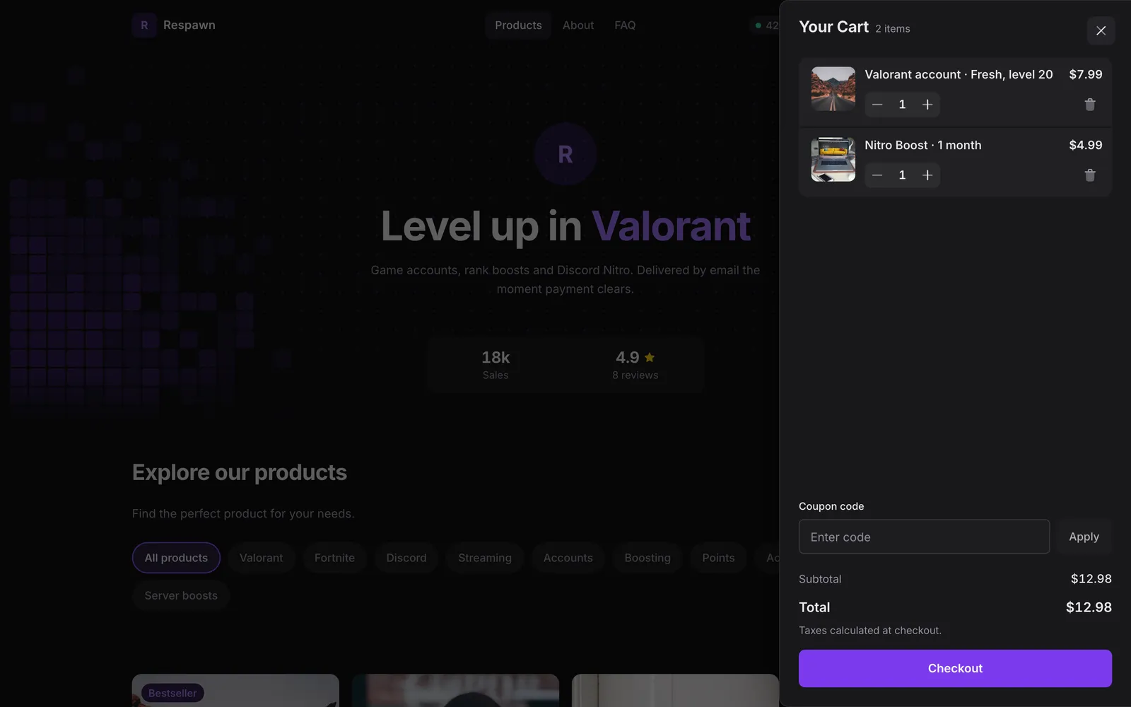 Default cart drawer open over the home page with two items, a coupon field, a $12.98 total and a violet Checkout button