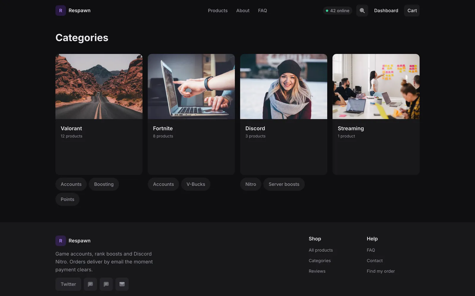 Default Categories page with picture cards for Valorant, Fortnite, Discord and Streaming and sub-category chips
