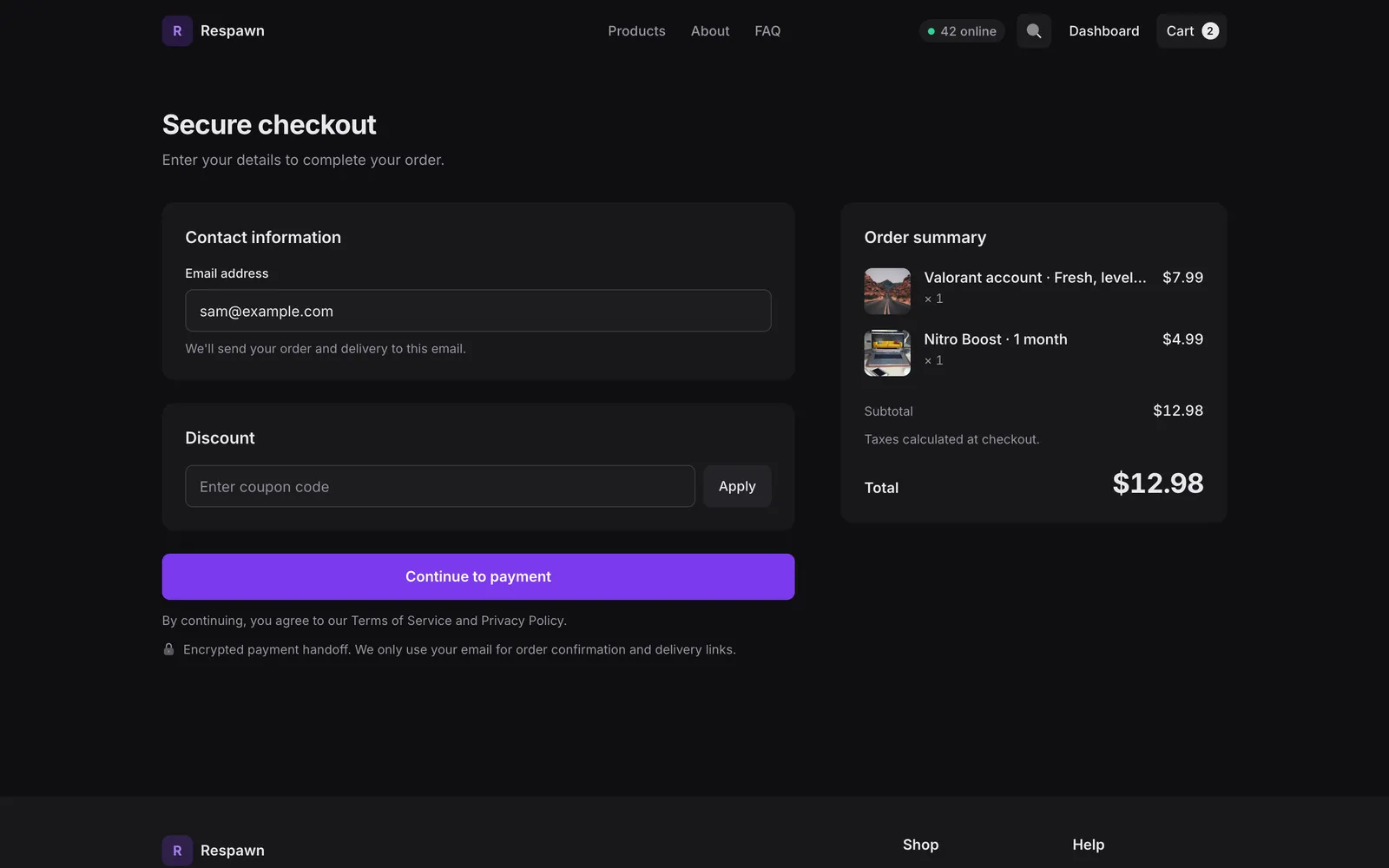 Default Secure checkout page with the email, a coupon field, a violet Continue to payment button and the order summary
