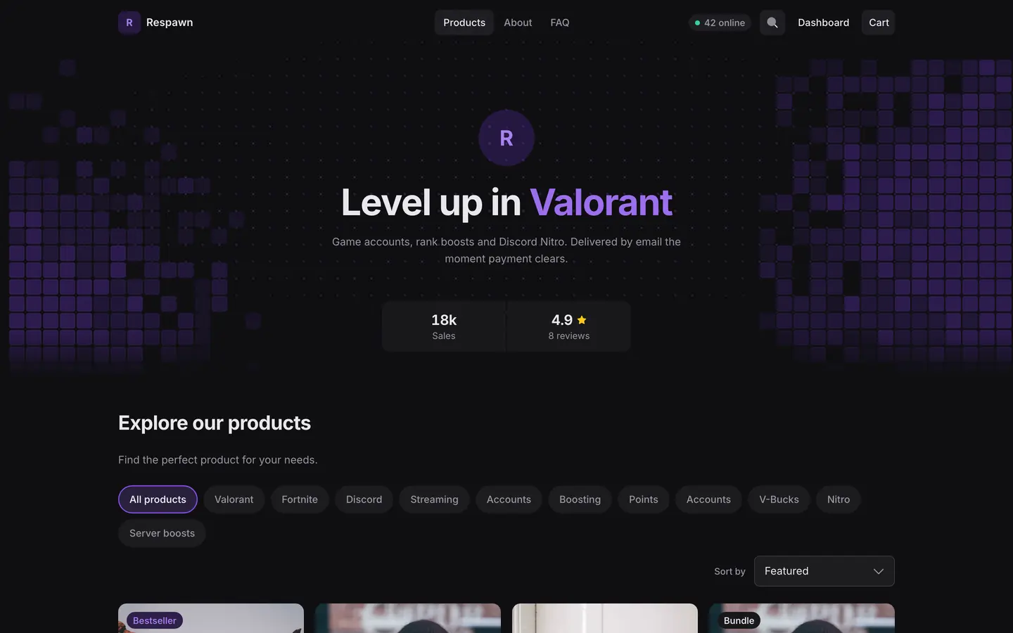Default theme with the Dot grid hero: violet filled cells behind the headline, the shop stats and the product grid below
