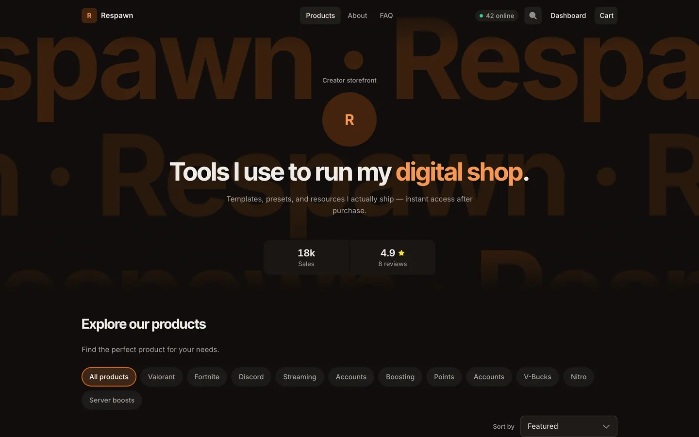 Default theme in the Warm Creator look with the Kinetic type hero: the shop name as large moving type behind the headline