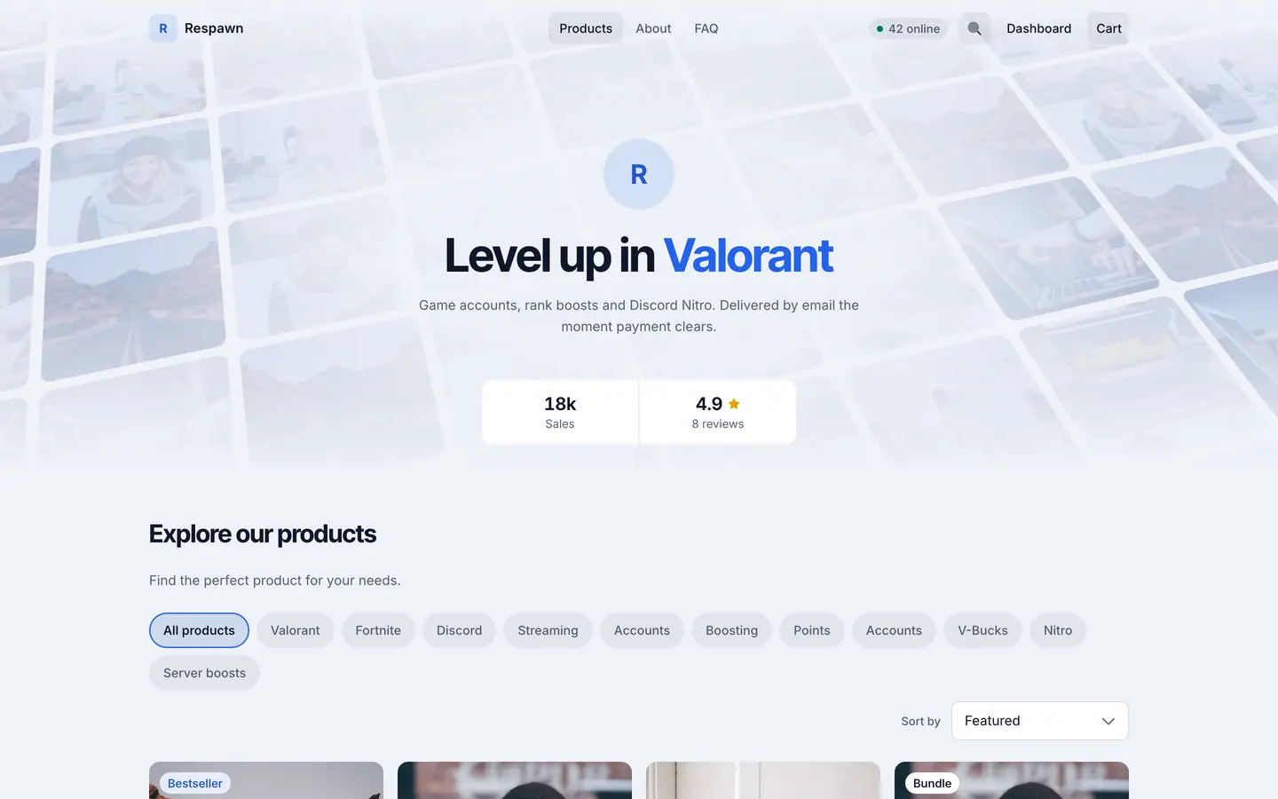 Default theme in the light Ocean Light look with the Product mosaic hero: product pictures as a tilted wall behind the headline