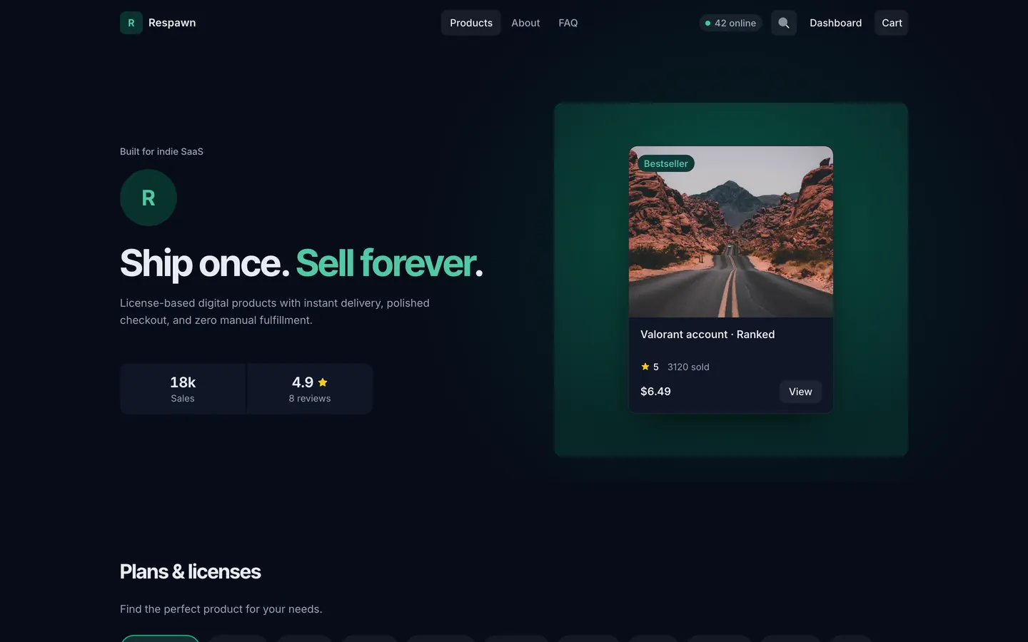 Default theme in the Emerald SaaS look with the Spotlight card hero: one featured product on a green plate next to the headline