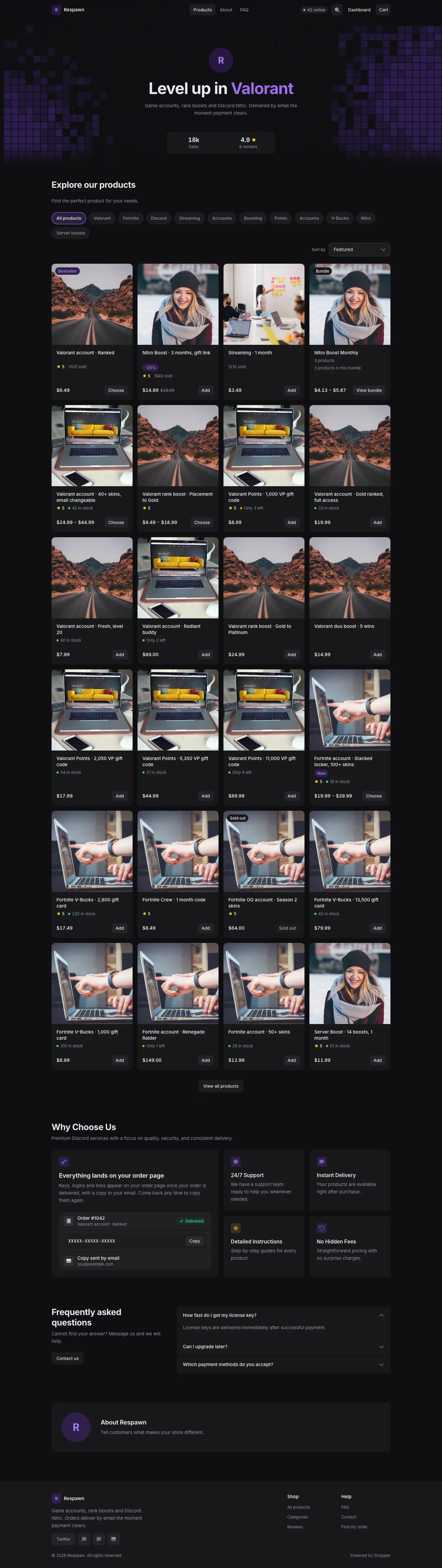 Default home from top to bottom: the Dot grid hero with the shop stats, Explore our products with category chips, a sort menu and the product grid, Why Choose Us, the FAQ, About Respawn and the footer