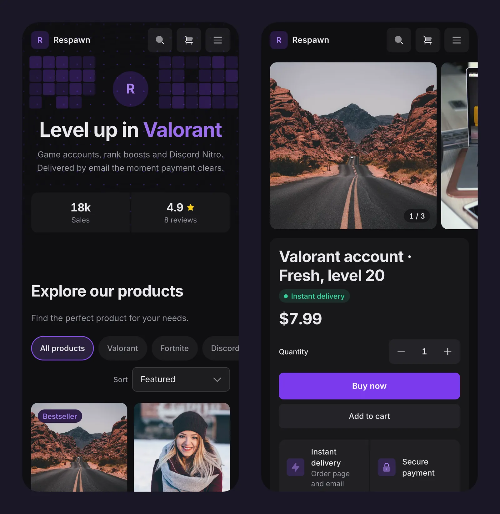 Default on two phone screens: the home page with the hero and stats, and a product page with the gallery, price, Buy now and Add to cart