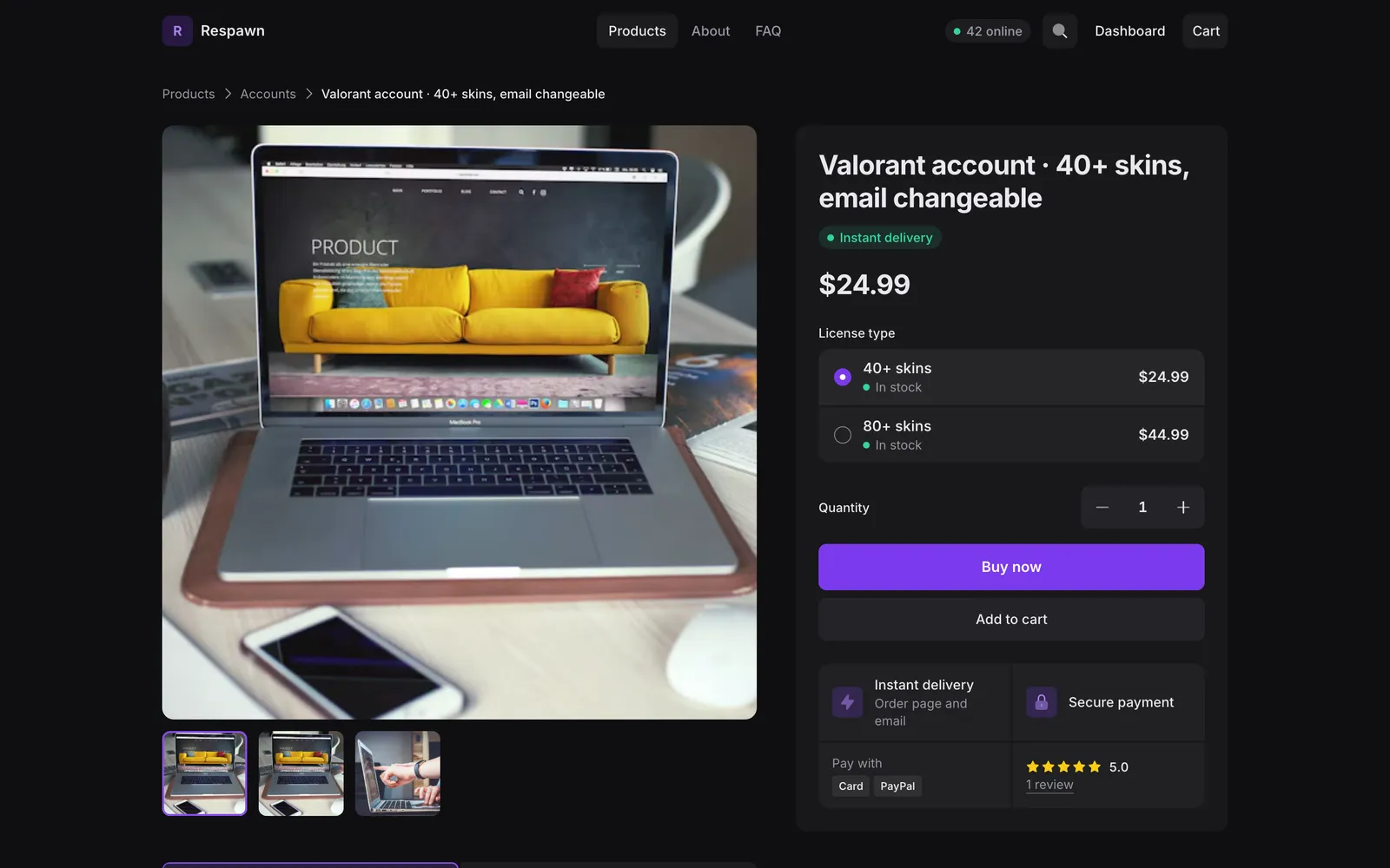 Default product page: a gallery with thumbnails and a buy box with Instant delivery, $24.99, two options, a quantity stepper, Buy now and Add to cart