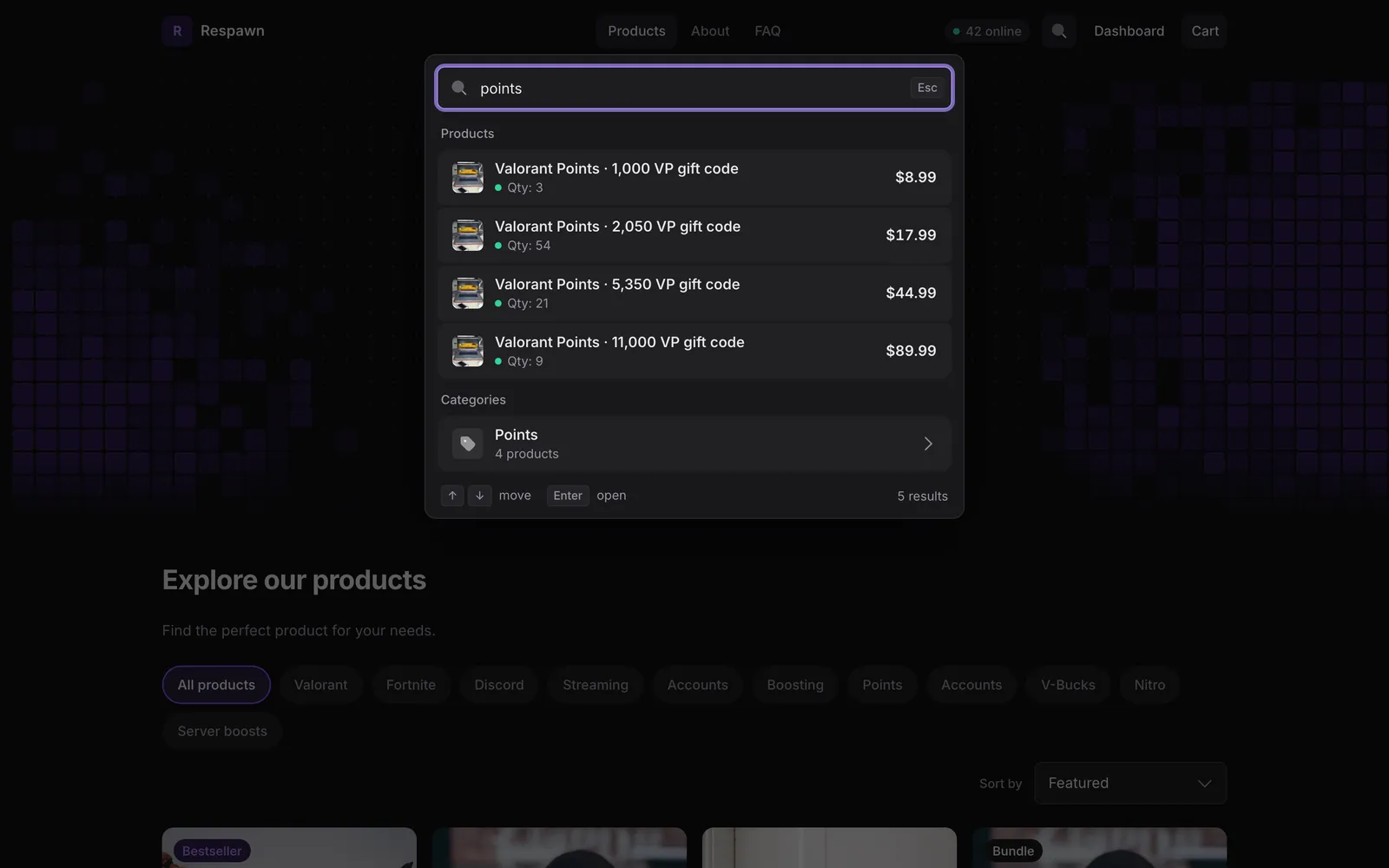 Default search opened with Ctrl+K: the query points, four products with stock and prices, and the Points category
