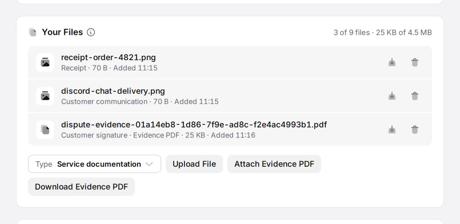 The dispute files card: a receipt and a chat log, each tagged with its evidence type, the generated evidence PDF, and the Upload File, Attach Evidence PDF and Download Evidence PDF buttons