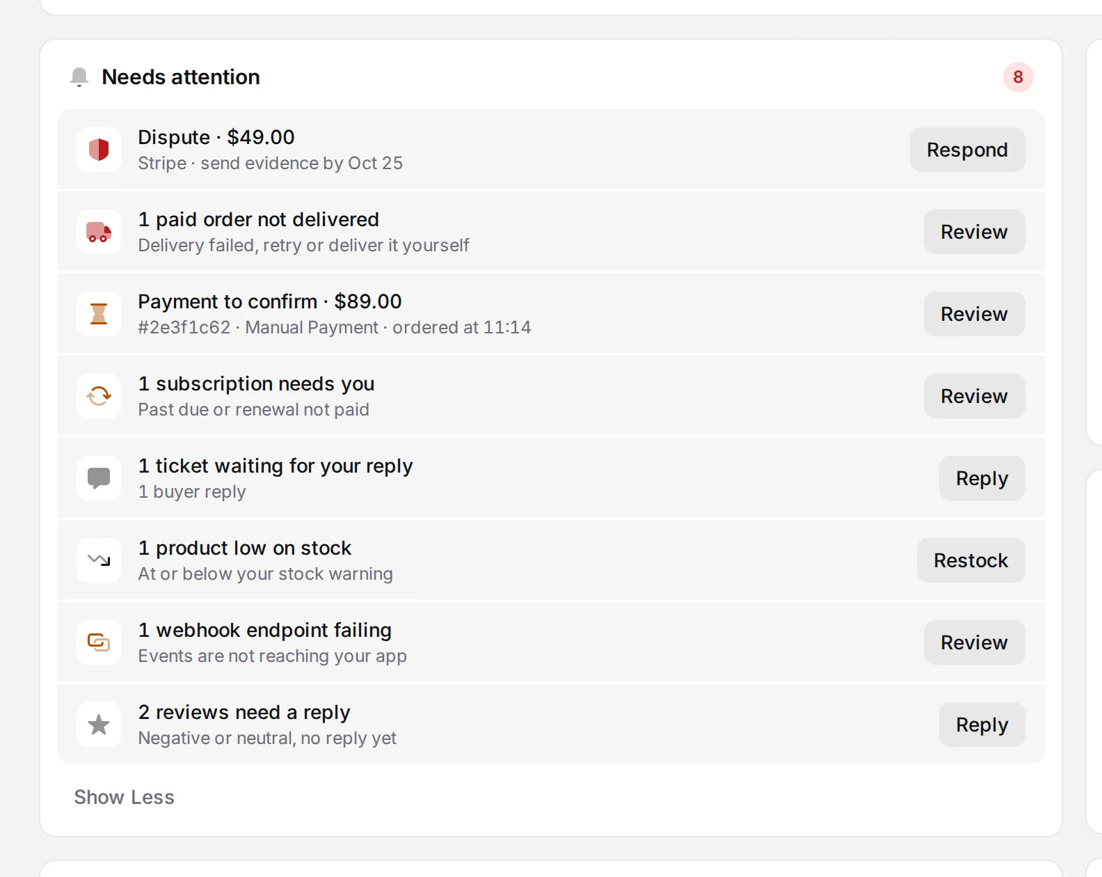 Needs attention on Home with eight rows: a $49 Stripe dispute, a failed delivery, a payment to confirm, a past-due subscription, a ticket, low stock, a failing webhook and two reviews, each with its action button
