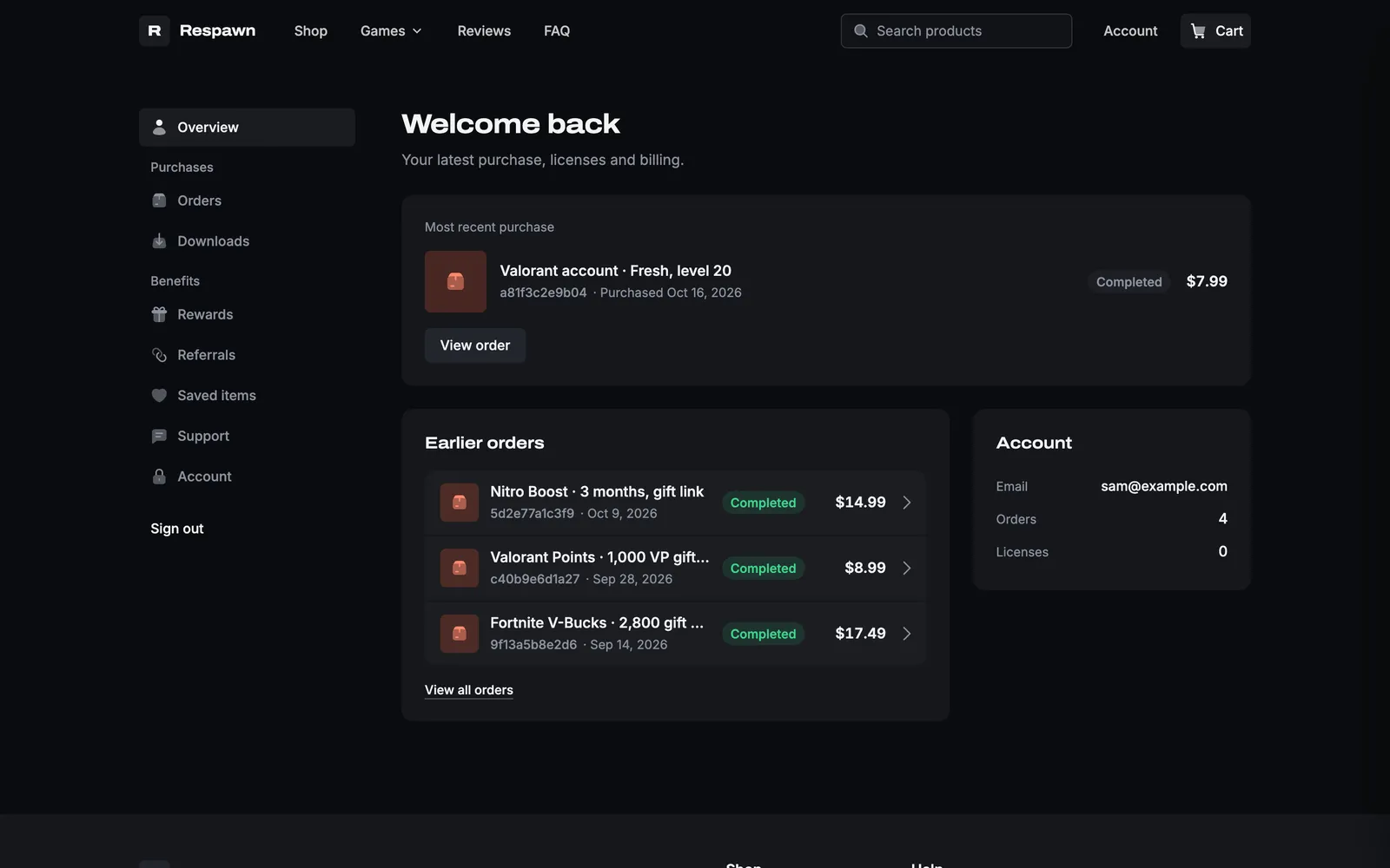Loadout buyer account: a sidebar, Welcome back with the latest purchase, three earlier orders and an account card