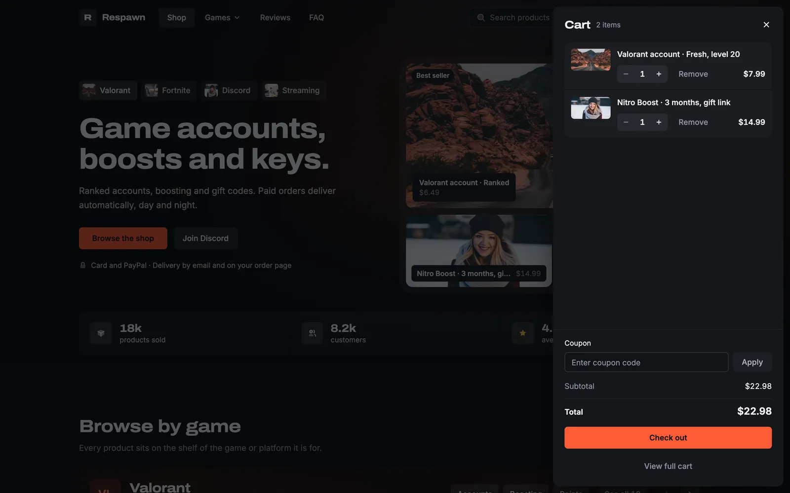 Loadout cart sheet open over the home page with two items, quantity steppers, a coupon field, a $22.98 total and an orange Check out button