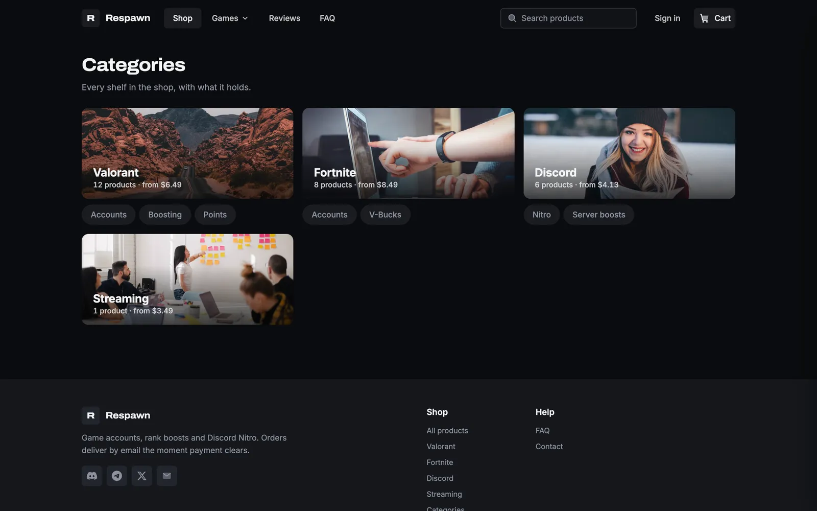 Loadout Categories page with wide picture cards for Valorant, Fortnite, Discord and Streaming, product counts, from-prices and sub-category chips