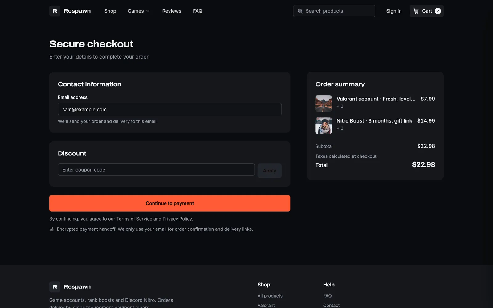 Loadout Secure checkout page with the email field, a coupon field, an orange Continue to payment button and the order summary