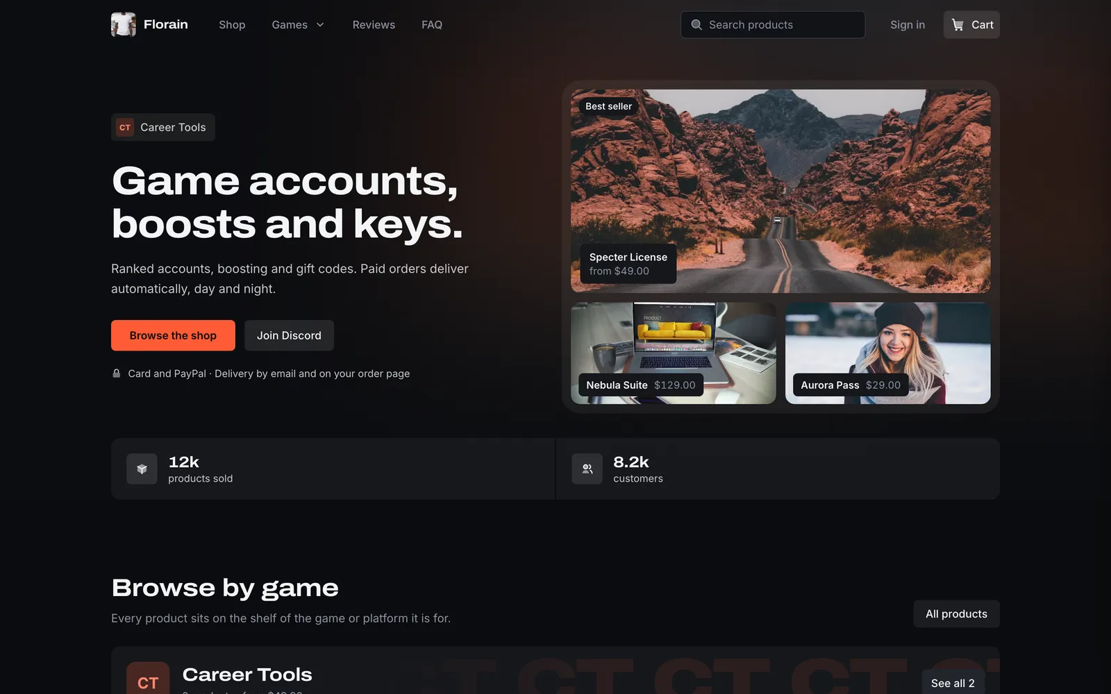 Loadout as a code storefront with our demo shop Florain: the hero Game accounts, boosts and keys. with a product mosaic, the stats strip and Browse by game