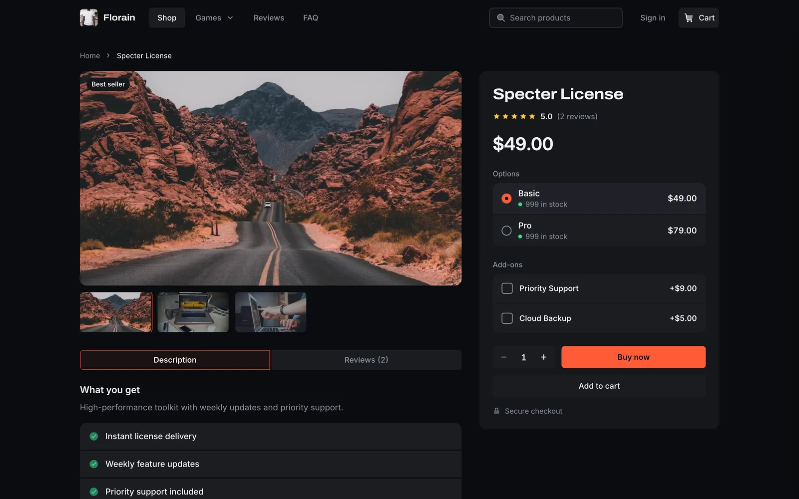 Loadout code storefront product page for Specter License: gallery, rating, $49.00, Basic and Pro options, two add-ons, Buy now and Add to cart