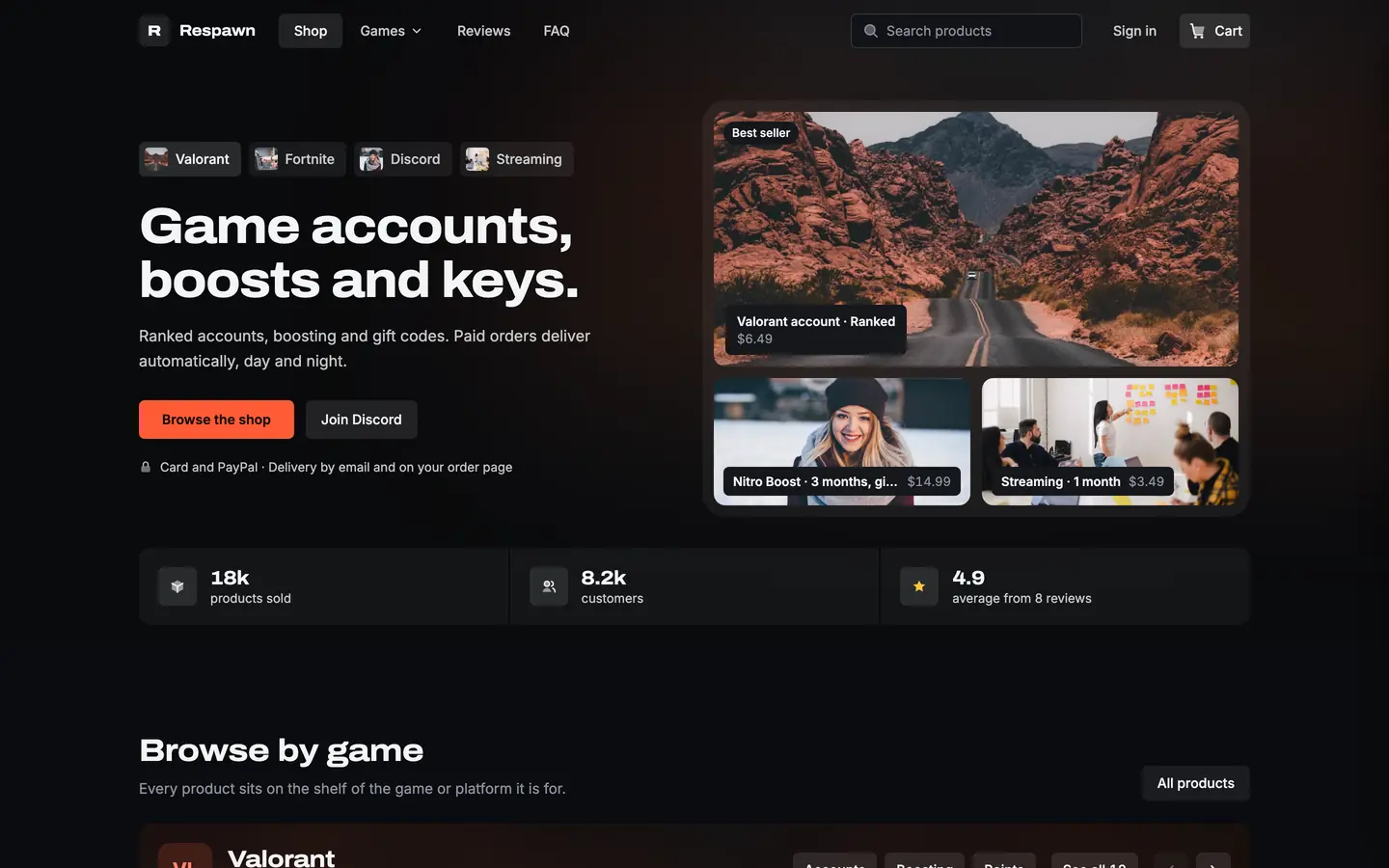 Loadout in the orange Blaze look with the Ambient art hero: blurred artwork lights the hero, with three product tiles next to the headline
