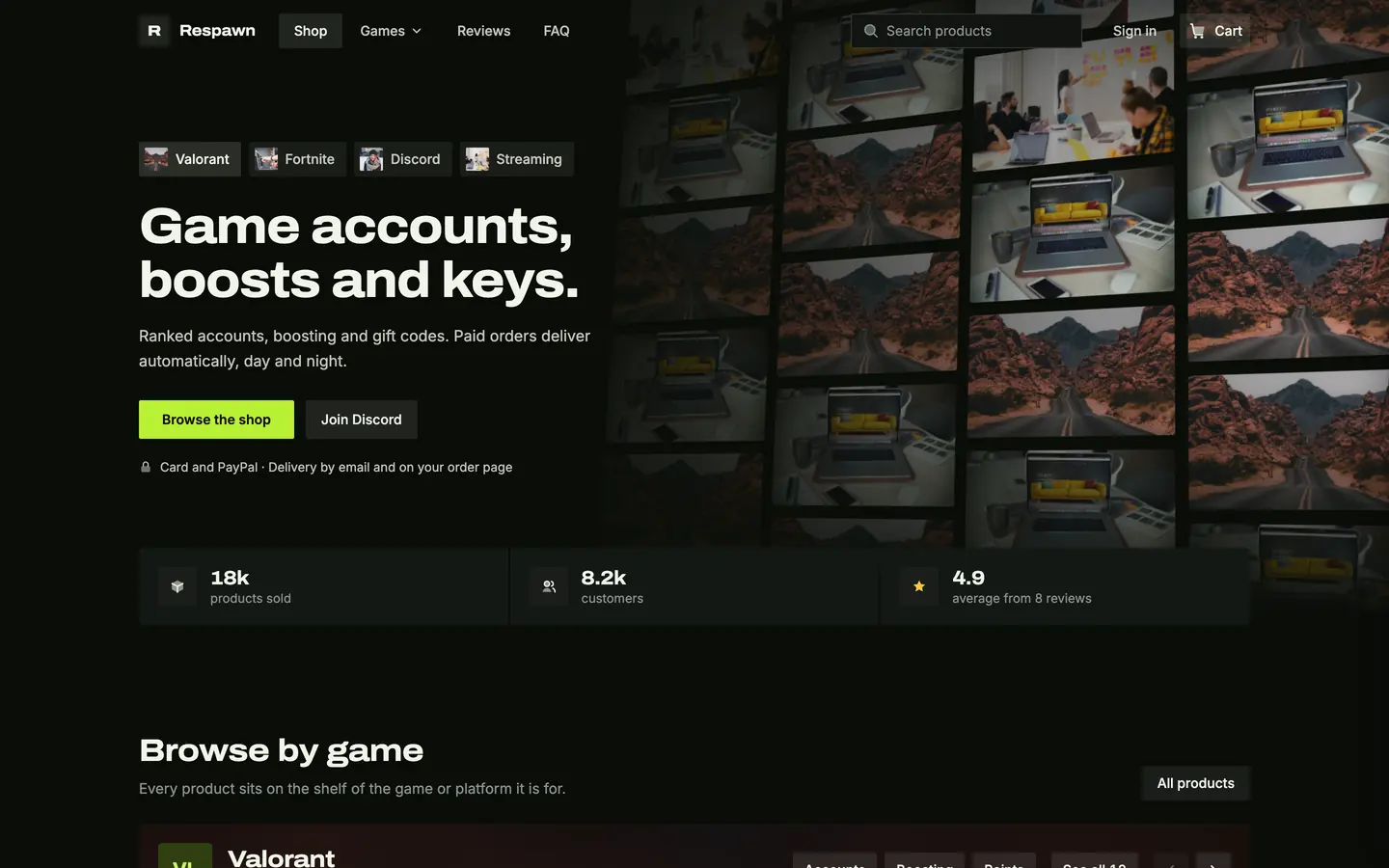 Loadout in the lime Volt look with the Shelf wall hero: a tilted wall of product pictures behind the headline