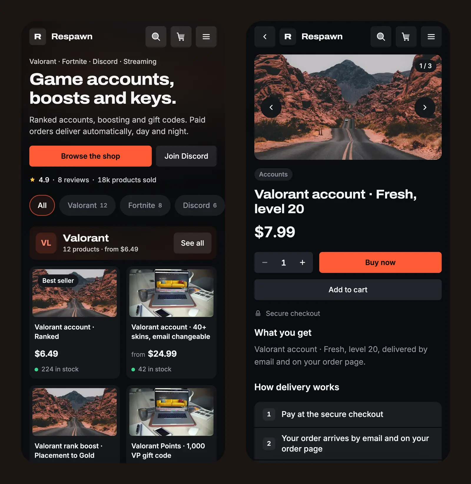 Loadout on two phone screens: the home page with game tabs and the Valorant shelf, and a product page with Buy now, Add to cart and the delivery steps