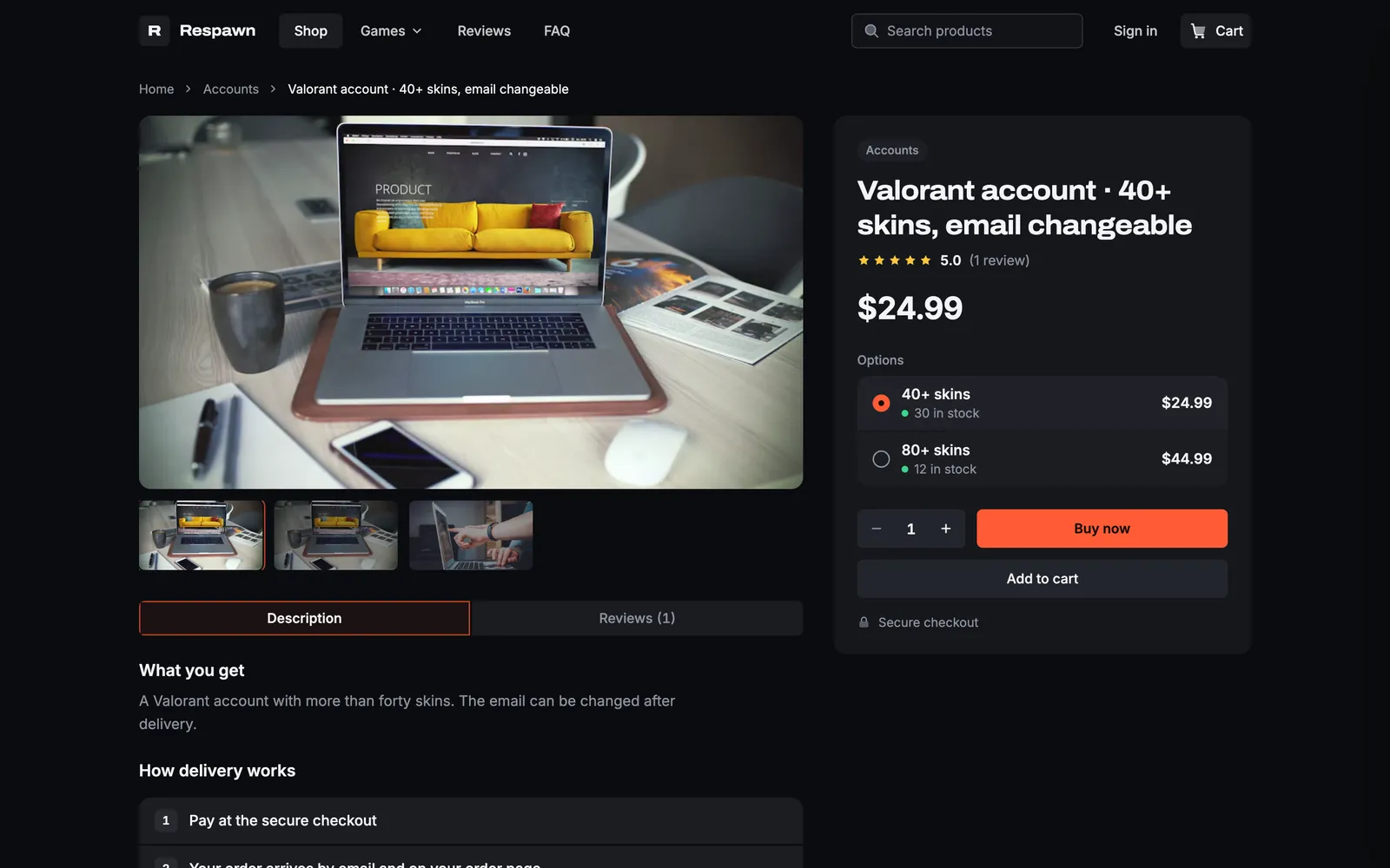 Loadout product page: a large gallery with thumbnails, Description and Reviews tabs, and a buy box with a 5.0 rating, $24.99, two options with stock counts, Buy now and Add to cart