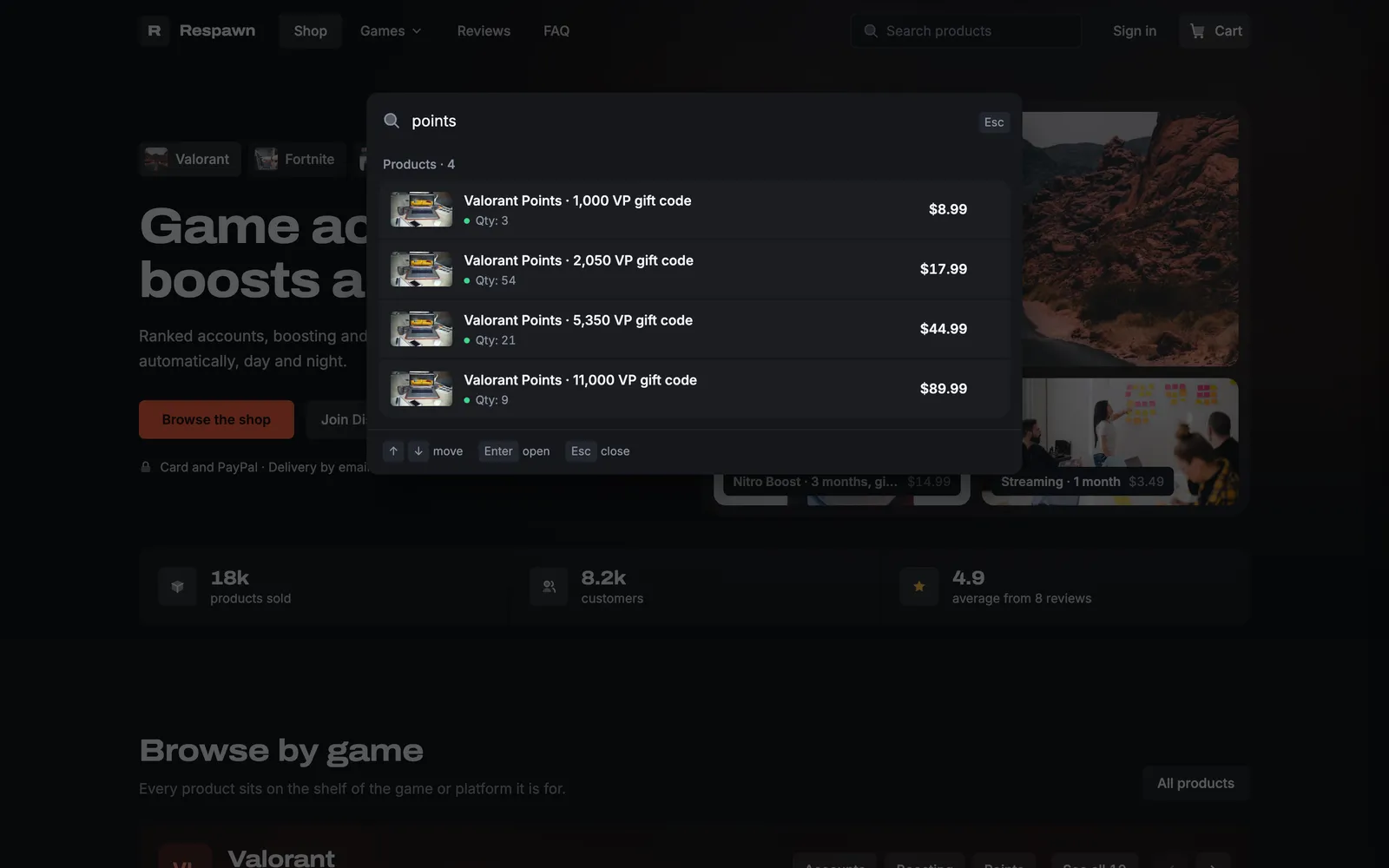 Loadout search dialog with the query points and four Valorant Points gift codes with stock and prices