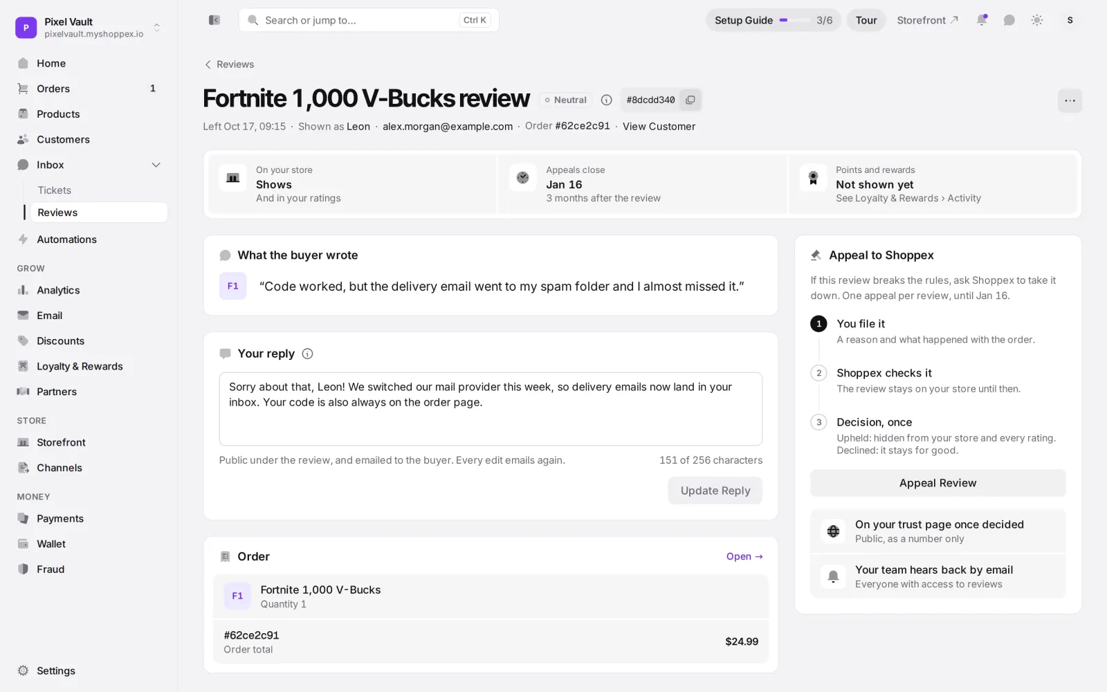 A review detail page with the buyer's review, the seller's reply in the Your reply field, the linked order and the Appeal to Shoppex panel