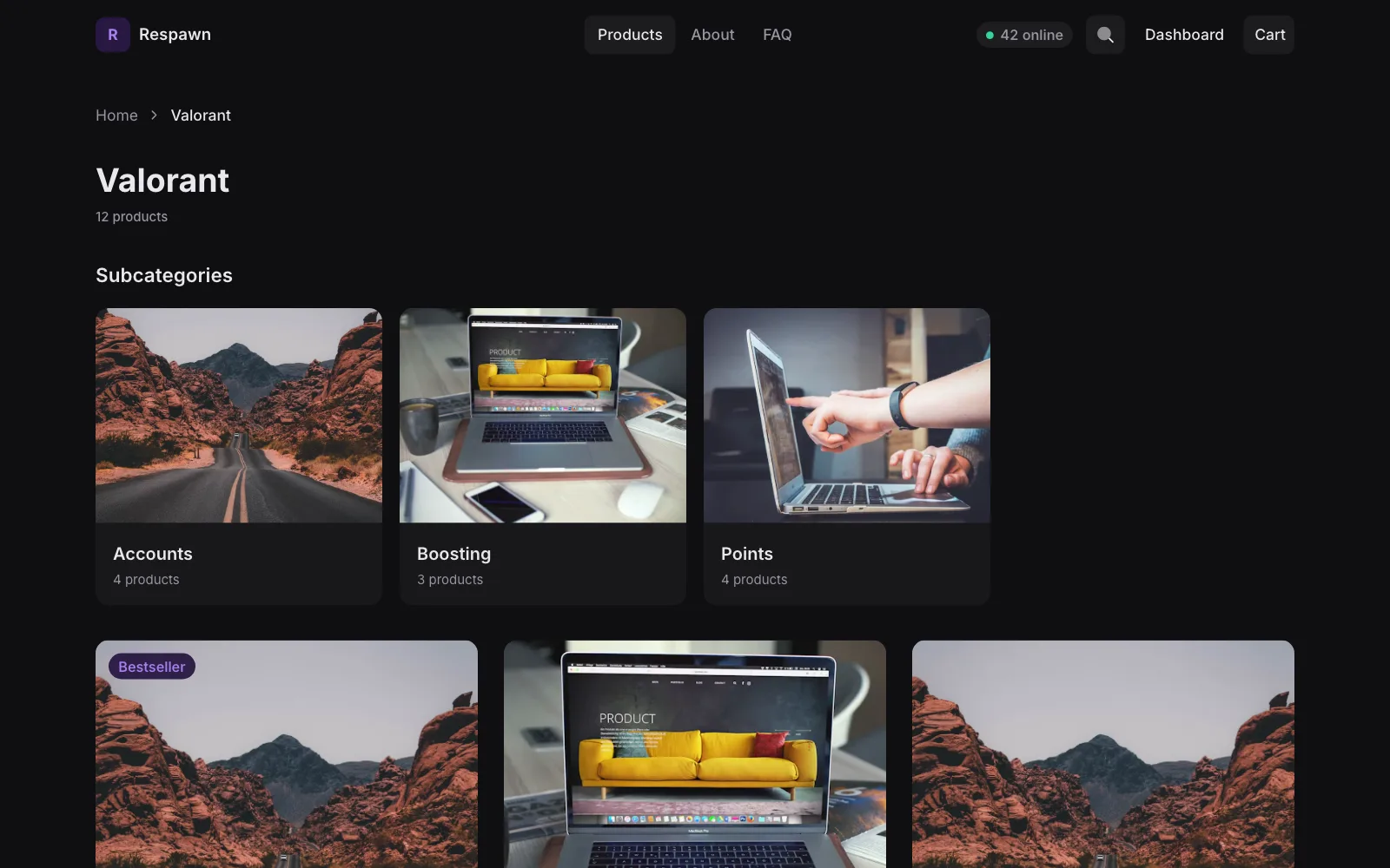Default category page for Valorant: the breadcrumb Home, Valorant, the title with 12 products, three sub-category tiles Accounts, Boosting and Points with pictures and product counts, and the first products below
