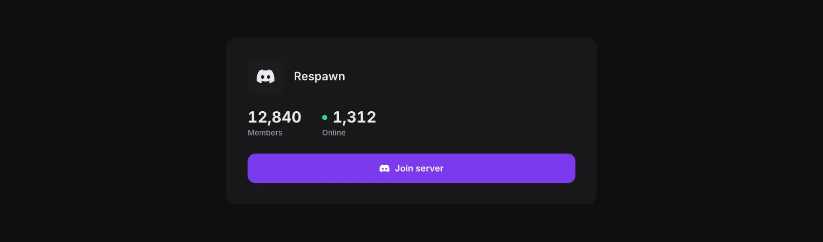 The Discord Server block: the server name Respawn, 12,840 members, 1,312 online and a Join server button