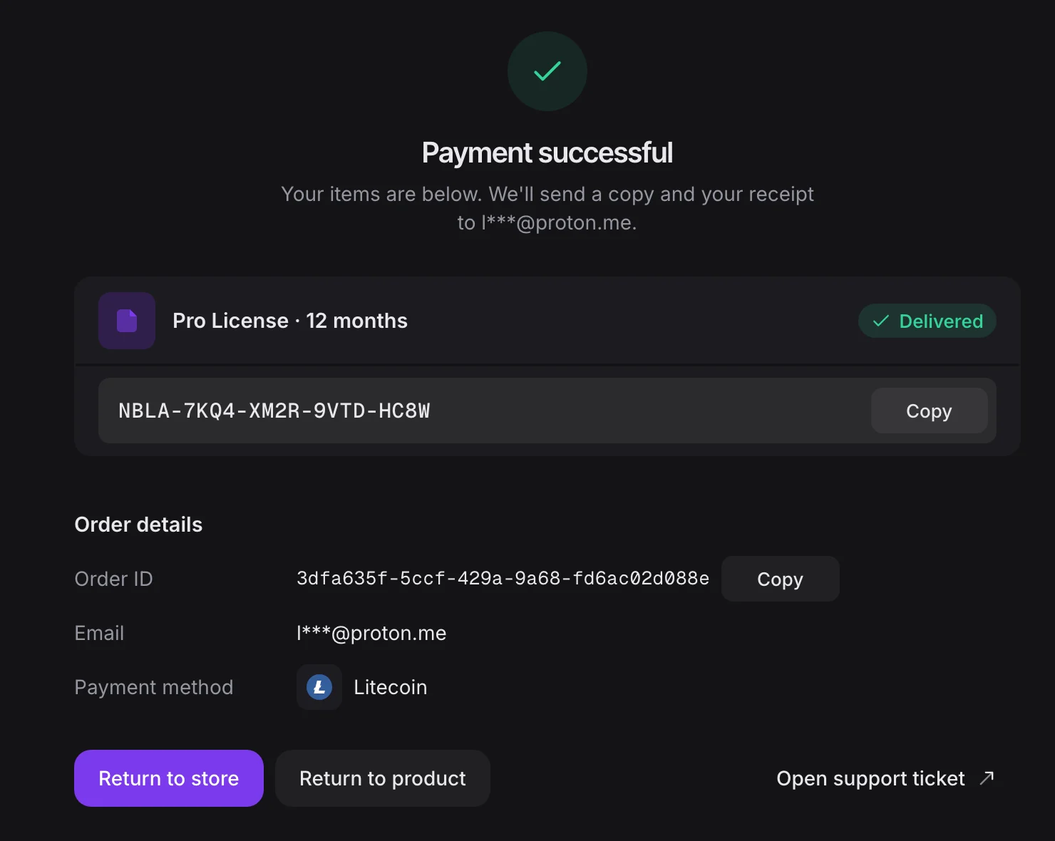The receipt after payment: the delivered license key with a copy button, the order details and the support link
